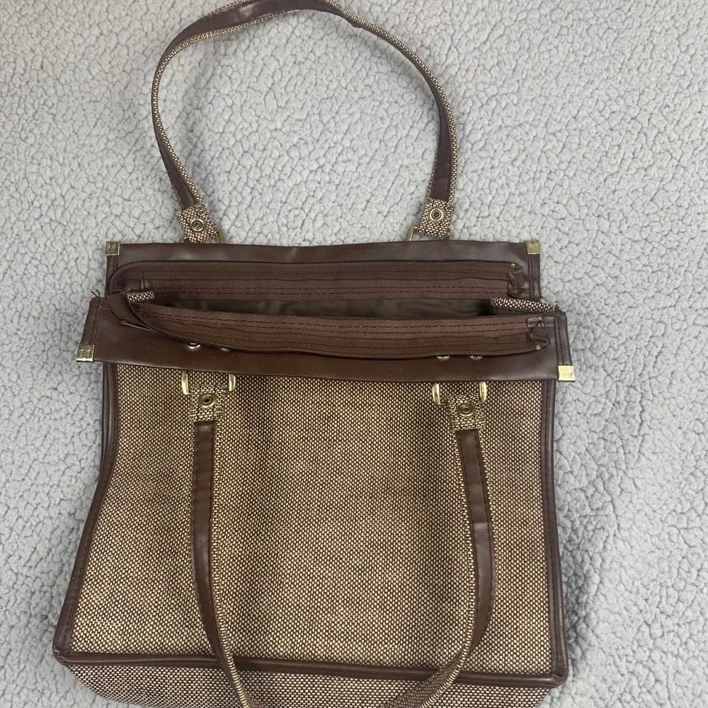 Vintage‎ 70s Tweed Satchel Tote Bag Handbag Striped Business 12x13 Retro Purse